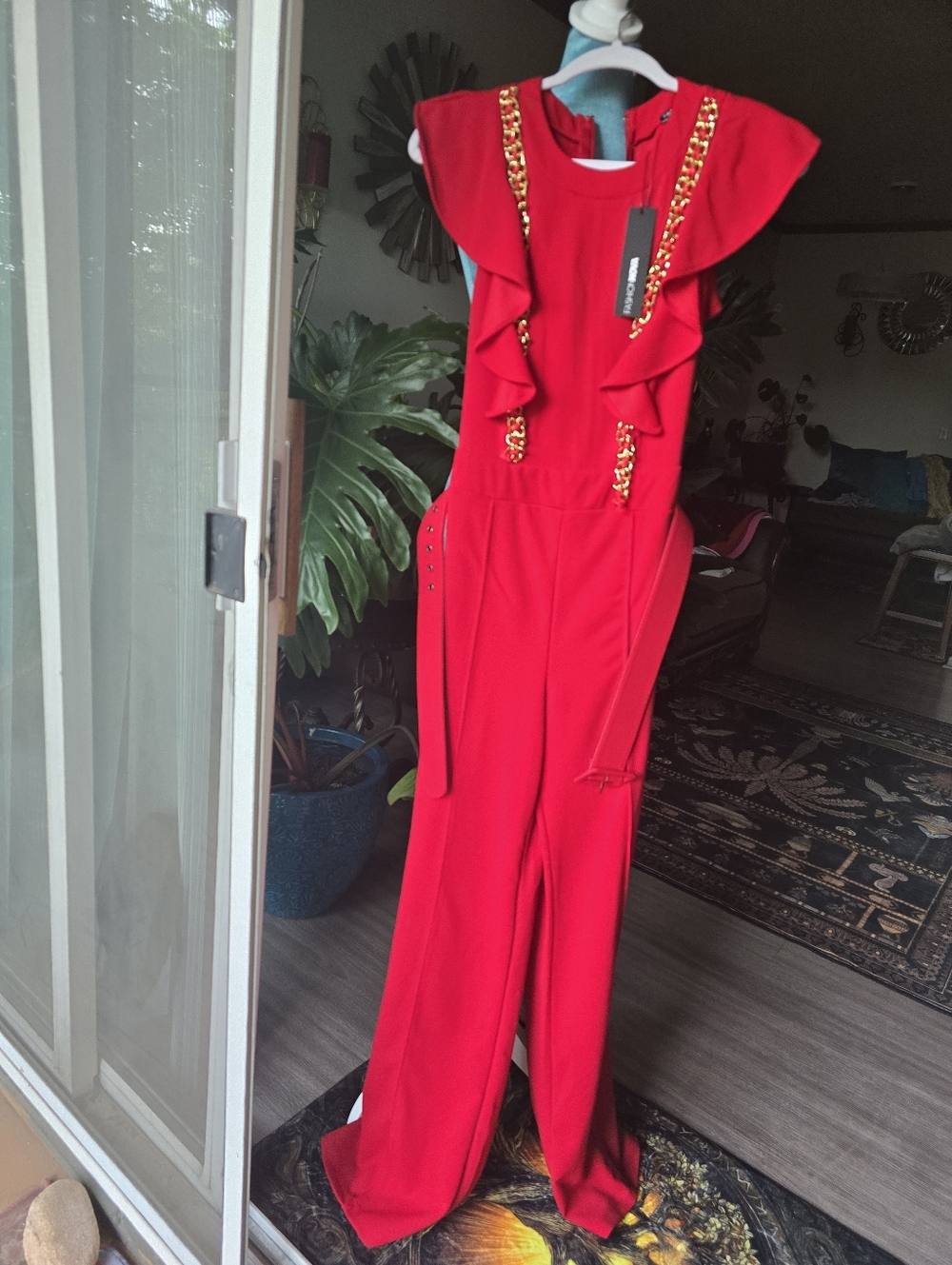 Red Ruffle Chain-Trim Jumpsuit